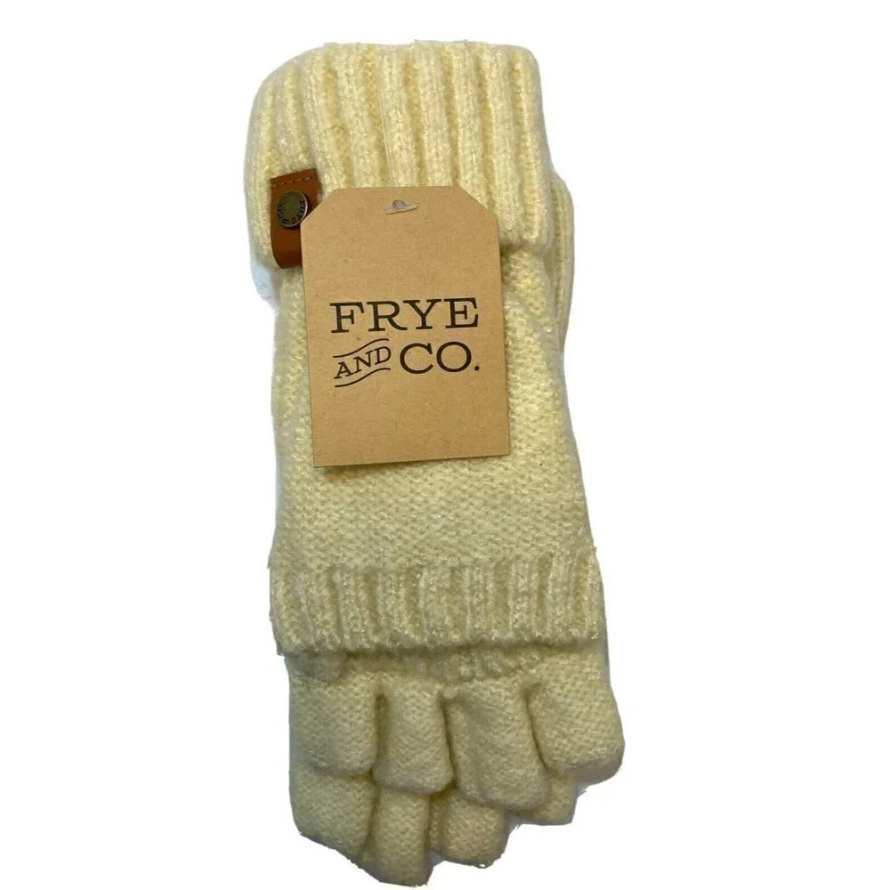 Frye & Co ‎ NWT Womens Butter Creamy Tan Cable Knit Pop Top Mitten Gloves-OSFM